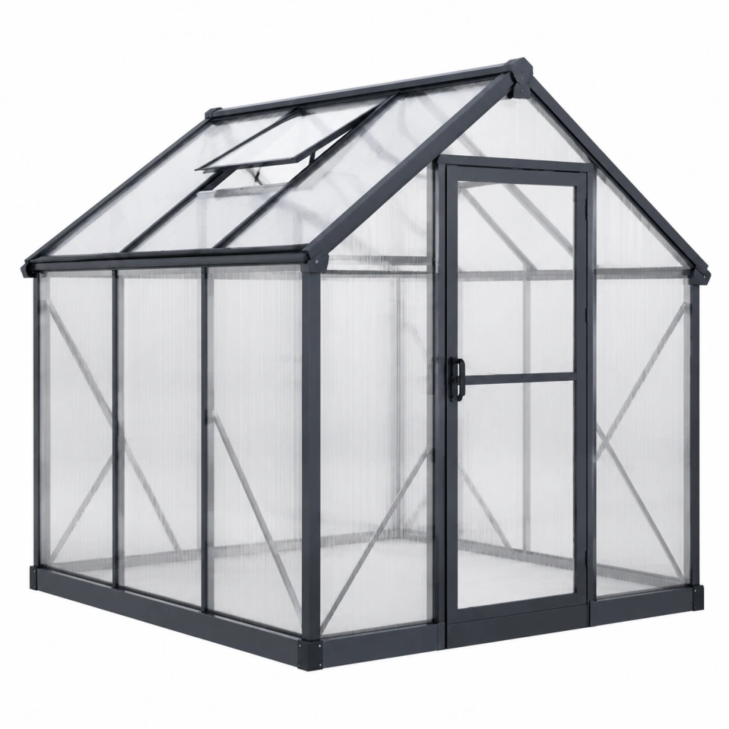 Gewächshaus 190 x 190 x 195 cm aus Aluminium und Polycarbonat transparent mit Tür und Dachfenster