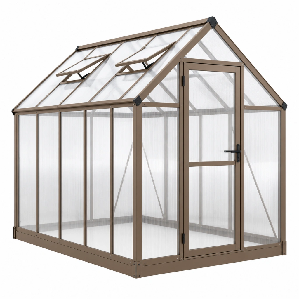 Gewächshaus 190 x 190 x 195 cm Aluminium Polycarbonat Taupe mit Dachfenstern