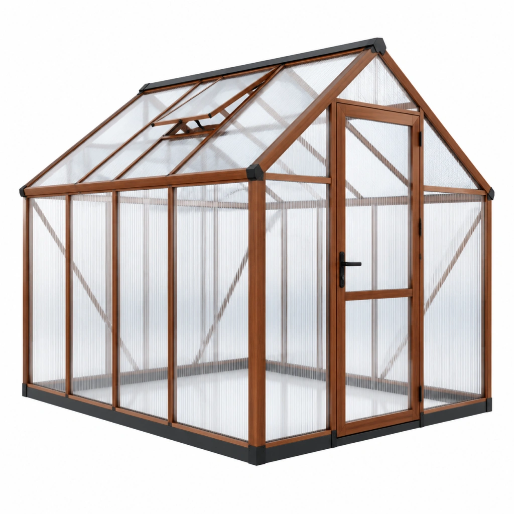 Gewächshaus 190 x 190 x 195 cm aus Aluminium und Polycarbonat in Braun - Freistehend mit Tür und Dachfenster