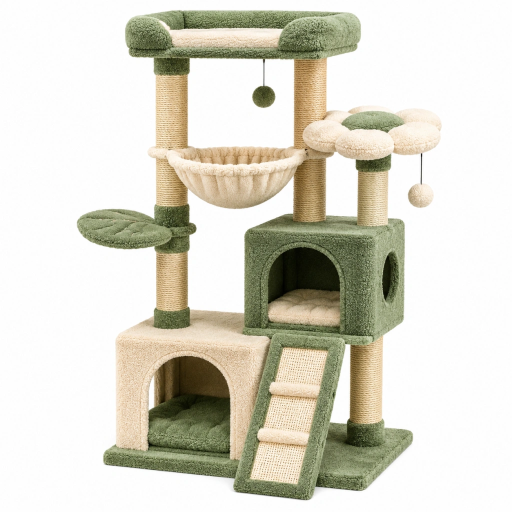 Kratzbaum 60 x 50 x 135 cm aus Plüsch und Sisal Grün Beige mit Höhlen Hängematte und Spielbällen