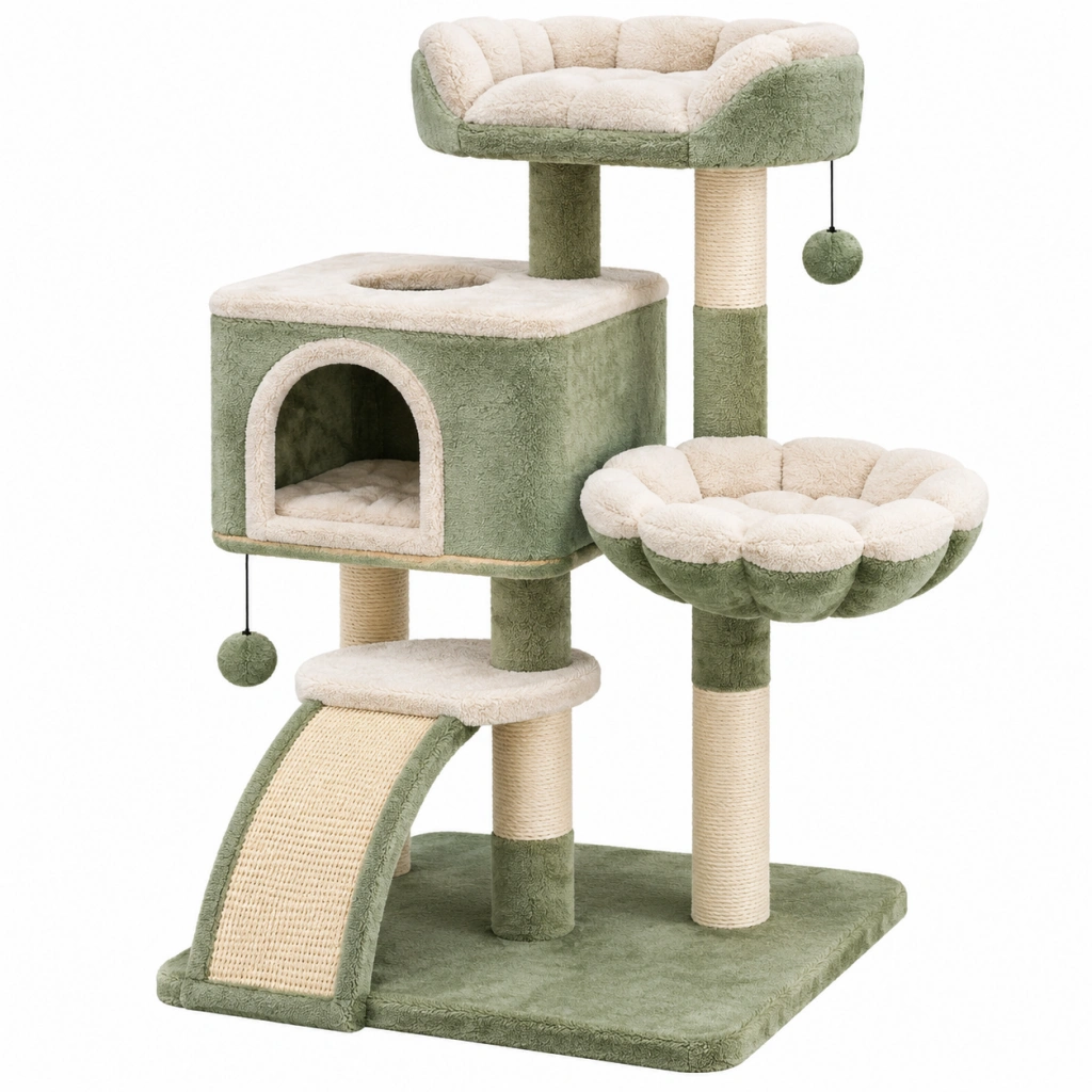 Kratzbaum 50 x 50 x 105 cm mit Plüschbezug in Grün Creme Sisal-Kratzflächen Katzenmöbel mit Höhle Liegeflächen und Spielbällen