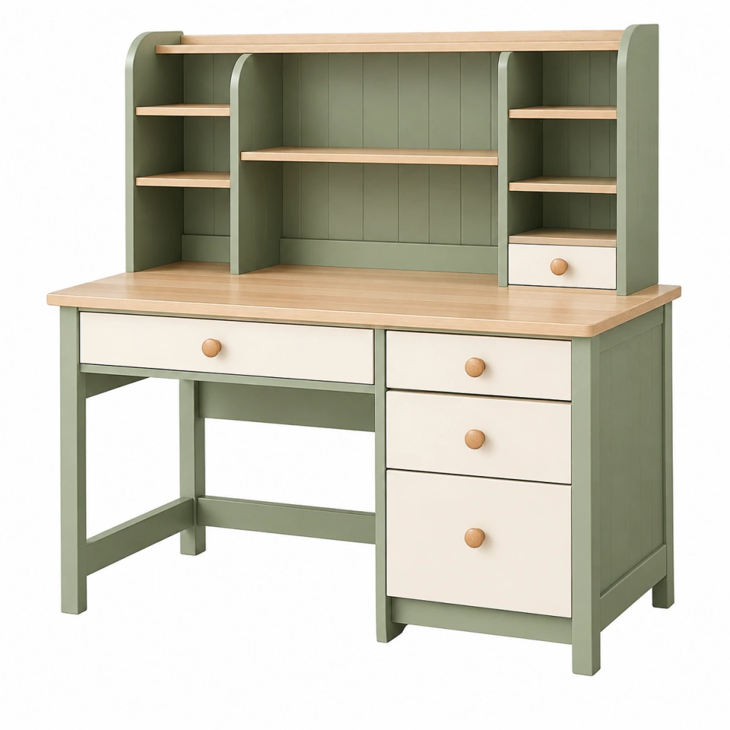 Kinderschreibtisch 120 x 60 x 150 cm aus Holz in Salbeigrün und Weiß mit Regalaufsatz und Schubladen
