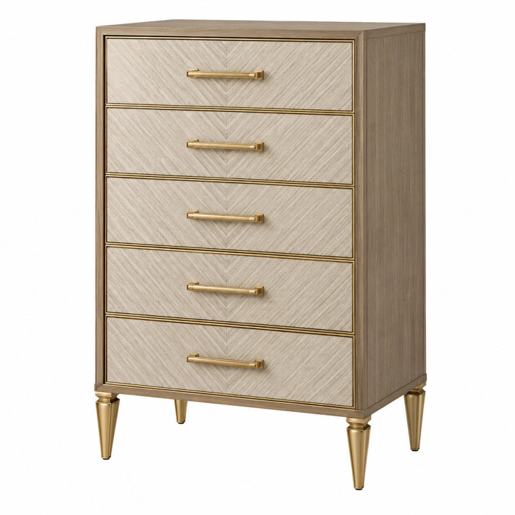 Kommode 80 x 45 x 120 cm in Eichenoptik mit 5 Schubladen und goldfarbenen Metallgriffen