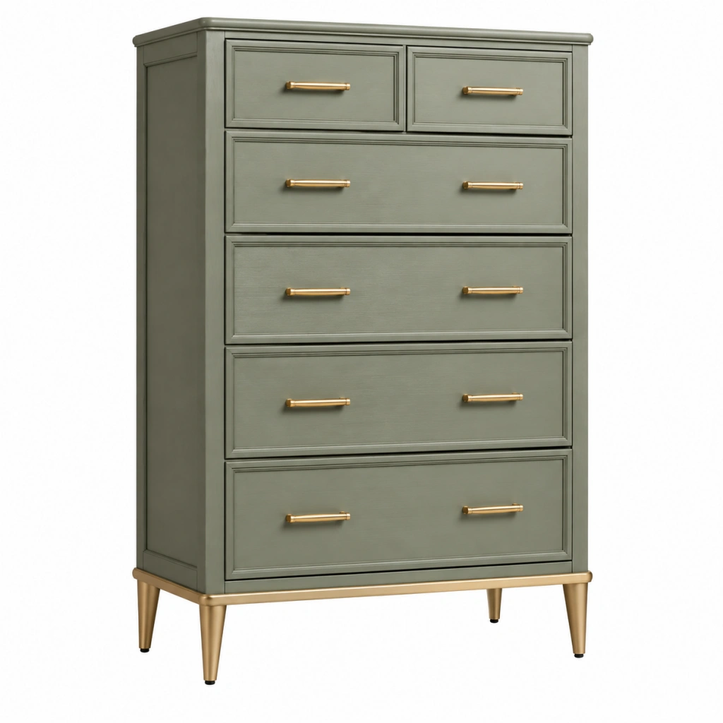 Kommode 80 x 40 x 120 cm graugrünes Holzwerkstoff mit 6 Schubladen und goldfarbenen Metallfüßen