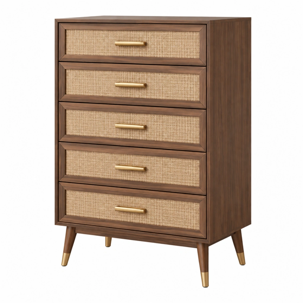 Kommode 80 x 40 x 120 cm Walnussfarbenes Holz Rattanoptik mit 5 Schubladen Mid-Century-Stil