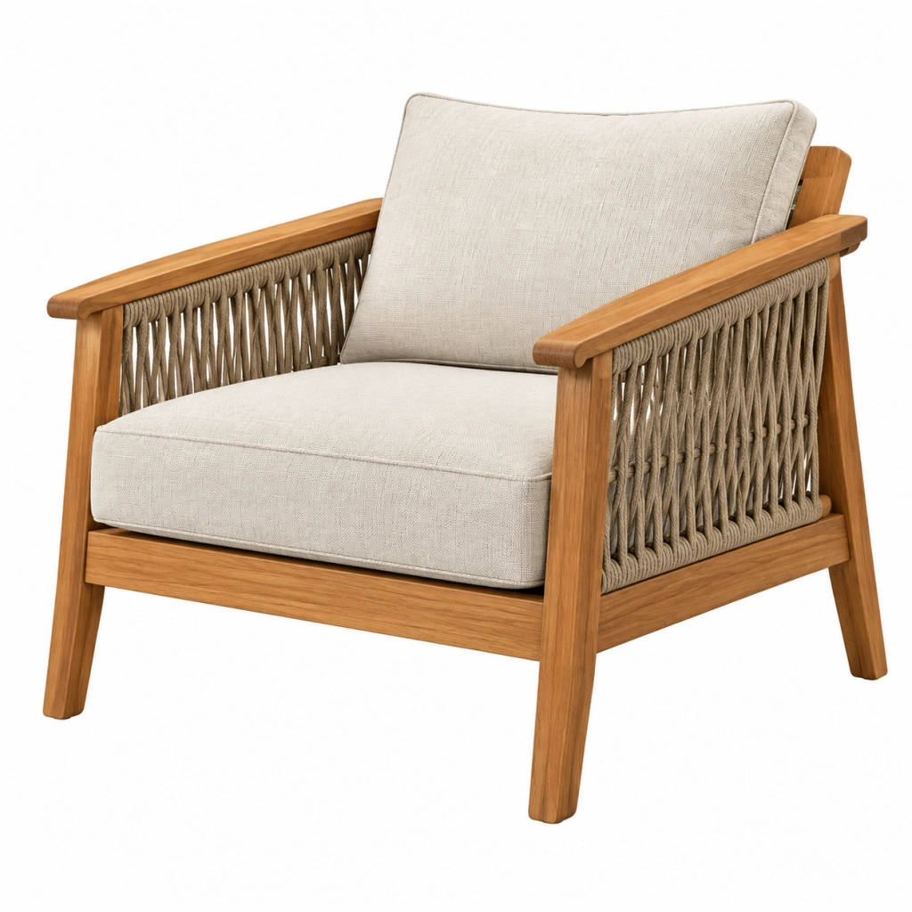 Gartensessel 78 x 76 x 80 cm Holz Natur mit Seilgeflecht und beigen Polstern im Lounge Stil