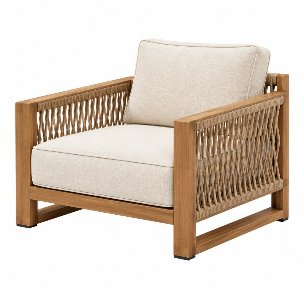 Garten-Armlehnstuhl 80 x 78 x 76 cm Holz Seilgeflecht Beige Natur Loungestil