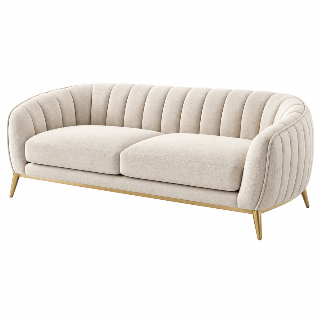 3-Sitzer Sofa 220 cm Creme Stoff mit goldfarbenen Metallfüßen - gepolstertes Rippendesign