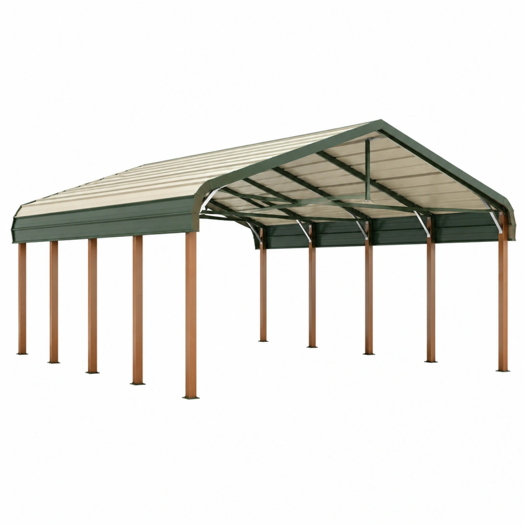 Carport 610 x 370 x 290 cm aus Stahl Braun Grün für Fahrzeuge mit Satteldach