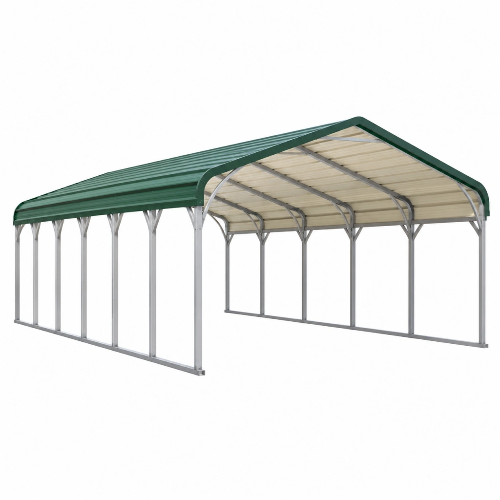 Carport 600 x 300 x 270 cm aus Metall in Grün und Silber mit Satteldach