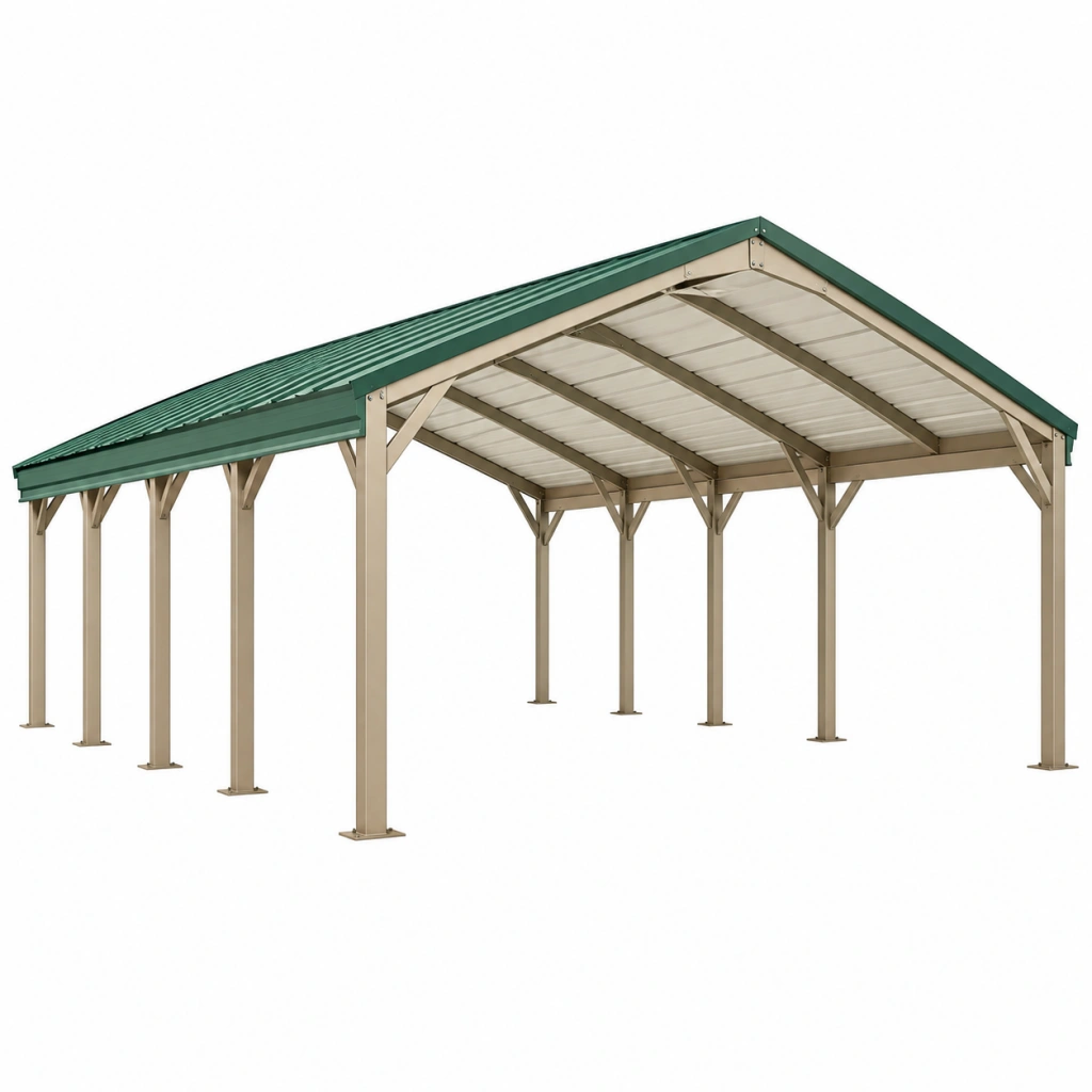 Carport 600 x 300 x 270 cm aus Stahl Beige Grün mit Satteldach