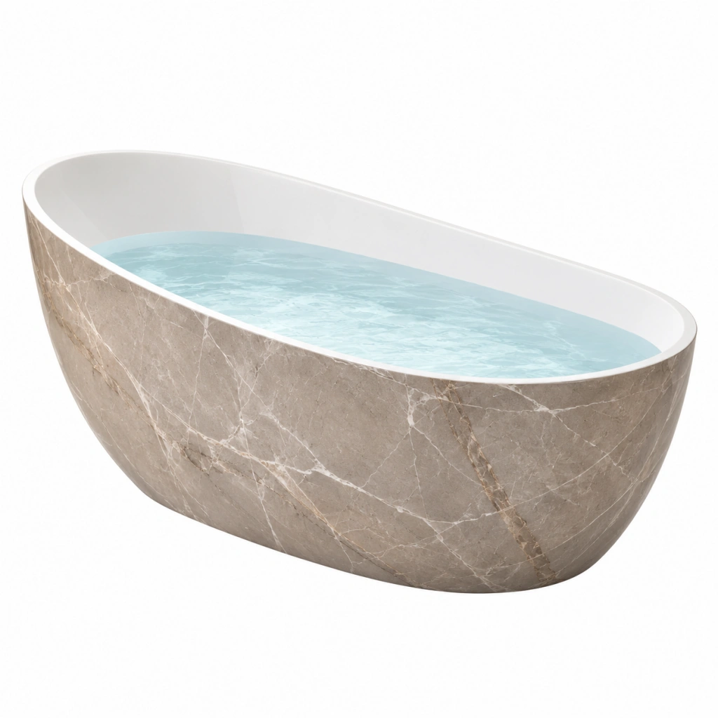 Freistehende Badewanne 170 x 75 x 58 cm Acryl Beige Marmoroptik Oval Modern