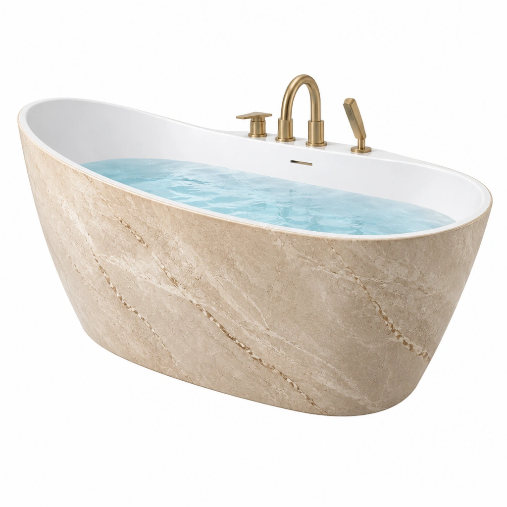 Freistehende Badewanne 170 x 80 cm in Beige Weiß mit Steinoptik modern